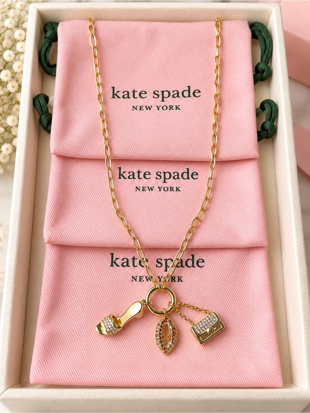 kate spade Gold-tone Charm Bag Lips Necklace with Pink Rhinestone Accents